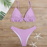 2 in 1 Solid Color Ruffled Backless Bikini Ladies Split Swimsuit Set with Chest Pad (Color:Lotus Color Size:S)