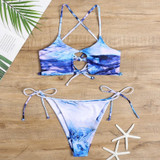 2 in 1 Printed Lace-up Bikini Ladies Split Swimsuit Set with Chest Pad (Color:Sea Blue Size:S)