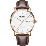OLEVS 5882 Men Business Ultra-thin Waterproof Automatic Mechanical Watch(Leather Strap White)