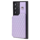 For Samsung Galaxy S22 Ultra 5G Grid Texture Card Bag Phone Case with Lanyard(Purple)