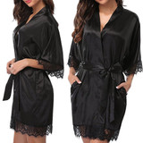 Half Sleeve Robe Women Faux Silk Pajama Sexy Night Dress, Size:XL(Black)