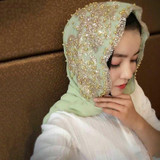 Women Chiffon Beaded Long Headscarf, Size:170cm(Light Green)