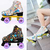 Adult Children Graffiti Roller Skates Shoes Double Row Four-Wheel Roller Skates Shoes, Size: 39(Flash Wheel Black)