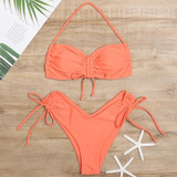 2 in 1 Ladies Halter Backless Drawstring Bikini Solid Color Split Swimsuit Set with Chest Pad (Color:Orange Size:L)
