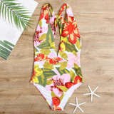 Deep V-neck Printed Triangle One-Piece Swimsuit for Ladies, with Chest Pad (Color:Big Flower on White Background Size:S)