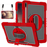 For Samsung Galaxy Tab S7 FE T730 / T735 / Tab S7+ T970 / T975 360 Degree Rotation Contrast Color Shockproof Silicone + PC Case with Holder & Hand Grip Strap & Shoulder Strap(Red+Black)