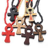 Wood Beads Cross Pendant Necklace Hip Hop Jewelry, Color: Red