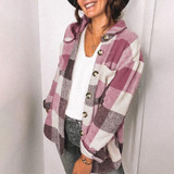 Lapel Long Sleeve Flannel Check Shirt Loose Casual Cardigan Jacket for Ladies (Color:Purple Red Size:L)