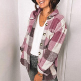 Lapel Long Sleeve Flannel Check Shirt Loose Casual Cardigan Jacket for Ladies (Color:Purple Red Size:XL)