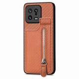 For Xiaomi 13 Carbon Fiber Vertical Flip Zipper Phone Case(Brown)