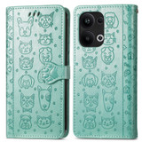 For OPPO Reno9 Pro+ Cat and Dog Embossed Leather Phone Case(Green)