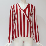 Women Striped Shirt Long Sleeve V-neck Shirts Casual Tops Blouse, Size:L(Red)