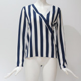 Women Striped Shirt Long Sleeve V-neck Shirts Casual Tops Blouse, Size:S(Navy Blue)