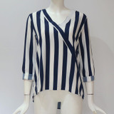 Women Striped Shirt Long Sleeve V-neck Shirts Casual Tops Blouse, Size:XXXL(Navy Blue)