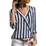 Women Striped Shirt Long Sleeve V-neck Shirts Casual Tops Blouse, Size:XL(Navy Blue)