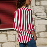 Women Striped Shirt Long Sleeve V-neck Shirts Casual Tops Blouse, Size:XL(Red)