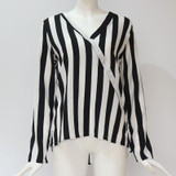 Women Striped Shirt Long Sleeve V-neck Shirts Casual Tops Blouse, Size:S(Black)