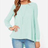 Women Chiffon Shirt Round Neck Long-Sleeved Slim Shirt, Size: XL(Light Green)