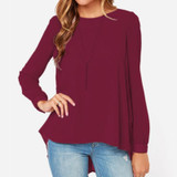 Women Chiffon Shirt Round Neck Long-Sleeved Slim Shirt, Size: XL(Wine Red)