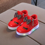 Kids Shoes Baby Infant Girls Eyelash Crystal Bowknot LED Luminous Boots Shoes Sneakers, Size:29(Red)