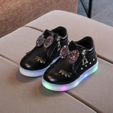 Kids Shoes Baby Infant Girls Eyelash Crystal Bowknot LED Luminous Boots Shoes Sneakers, Size:26(Black)
