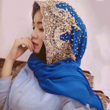 Women Chiffon Beaded Long Headscarf, Size:170cm(Blue)