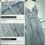 Sexy V-neck Evening Dress Robe Tulle Applique Evening Dresses, Size:S (Silver Gray)