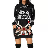 Women Christmas Elk Print Long Sleeve Sweatshirt Dress (Color:Black Size:S)