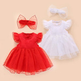 Girls Short-sleeved Mesh Dress With Bow (Color:White Size:50)