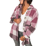 Lapel Long Sleeve Flannel Check Shirt Loose Casual Cardigan Jacket for Ladies (Color:Purple Red Size:XXL)