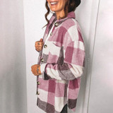 Lapel Long Sleeve Flannel Check Shirt Loose Casual Cardigan Jacket for Ladies (Color:Purple Red Size:XXL)