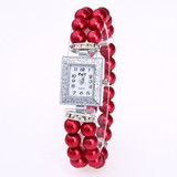 Square Dial Diamond Pearl Bracelet Watch(Red)