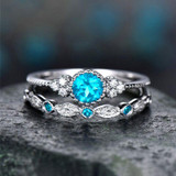 2 PCS/Set Women Fashion Zircon Gemstone Ring 6(Lake Blue)