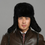 Black Autumn and Winter Thick Warm Rabbit Fur Bomber Hat Flight Hat for Men, Hat Size:L