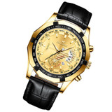 FNGEEN S001 Men Waterproof Watch Calendar Watch(Black Leather Full Gold Golden Surface)