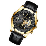 FNGEEN S001 Men Waterproof Watch Calendar Watch(Black Leather Full Gold Black Surface)