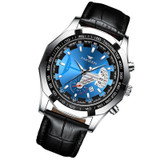 FNGEEN S001 Men Waterproof Watch Calendar Watch(Black Leather White Steel Blue Surface)