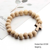 Handmade Round Wood Bead Cross Pendant Bracelet(Brown)