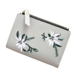 Embroidery Short Wallet PU Leather Wallets Female Floral Hasp Coin Purse Zipper Bag Card Holders(Gray)