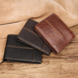Men Retro Portable Wallet Short Cowhide Leather Wallet(Brown)