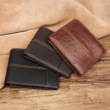 Men Retro Portable Wallet Short Cowhide Leather Wallet(Coffee)