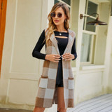 Women Long Suit Collar Sleeveless Sweater Jacket Plaid Jacquard Knit Vest Cardigan, Size: L(Gray)