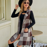 Women Long Suit Collar Sleeveless Sweater Jacket Plaid Jacquard Knit Vest Cardigan, Size: L(Gray)