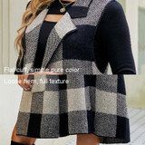 Women Long Suit Collar Sleeveless Sweater Jacket Plaid Jacquard Knit Vest Cardigan, Size: S(Gray)