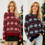 Women Round Neck Christmas Knitwear Long Sleeve Snowflake Christmas Sweater, Size: XL(Dark Blue)