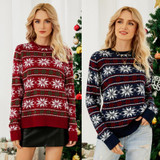 Women Round Neck Christmas Knitwear Long Sleeve Snowflake Christmas Sweater, Size: XL(Red)