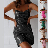 Women Glitter Dress Spaghetti Straps Wrap Bodycon Dress, Size: M(Black)