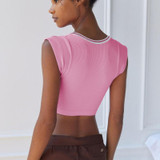 Women Sexy Sleeveless Racer Back Tank Ribbed V Neck Crop Tops, Size: XL(Pink)