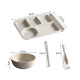 4pcs /Set Wheat Straw Split Dining Plate With Bowl Chopsticks Spoon Tableware Set(Beige)