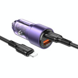 BOROFONE BZ20A Smart QC3.0 + PD65W Dual Ports Fast Charging Car Charger with Type-C to 8 Pin Cable(Transparent Purple)